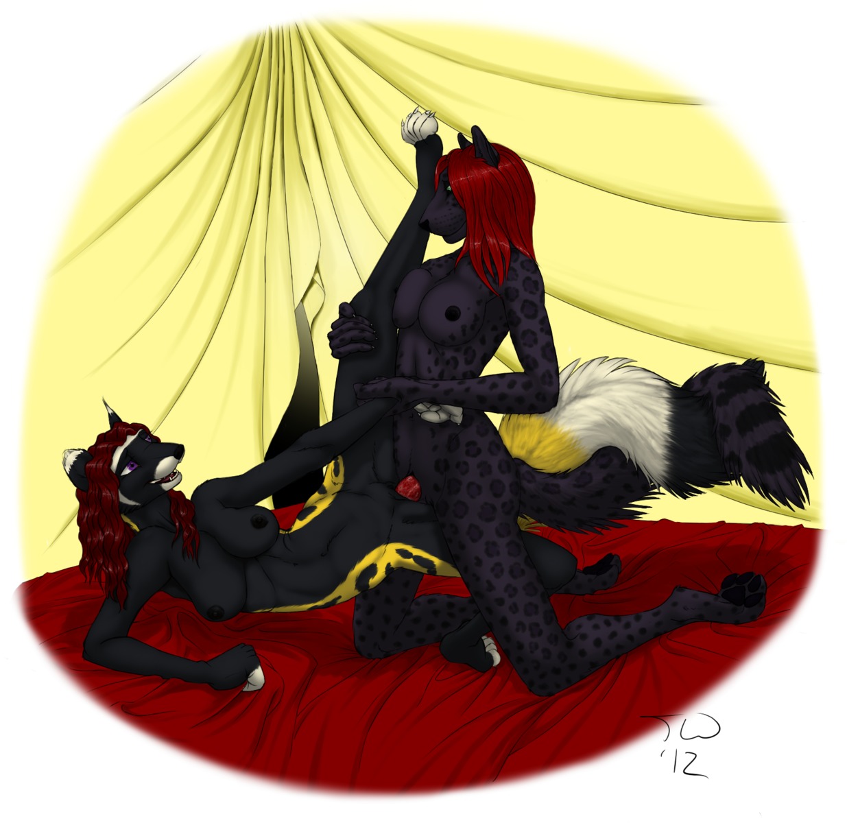 anthro breasts duo e621 entwined_tails erection eye_contact felid female female_penetrated genitals gynomorph gynomorph/female gynomorph_penetrating gynomorph_penetrating_female hair hi_res ictonychine intersex intersex/female intersex_penetrating intersex_penetrating_female kneeling leg_glider_position legs_up looking_at_another lying mammal marbled_polecat mustelid musteline nipples nude on_side pantherine penetration penile penile_penetration penis penis_in_vagina polecat_(mustelid) raised_leg sex shaded spots suzari tail tail_between_legs tail_coil treeweasel vaginal vaginal_penetration