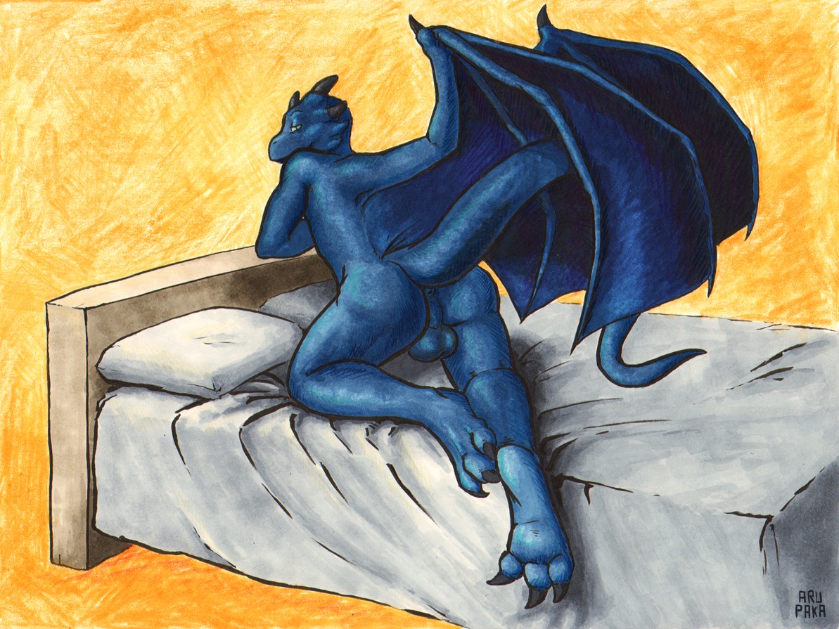 3_toes anus arupaka backsack balls bed bedroom blue_body butt claws digitigrade dragon e621 feet furniture genitals hindpaw inside looking_at_viewer looking_back male marker_(artwork) membrane_(anatomy) membranous_wings mythological_creature mythological_scalie mythology nude paws perineum presenting presenting_hindquarters rear_view scalie soles solo tail toes traditional_media_(artwork) wings
