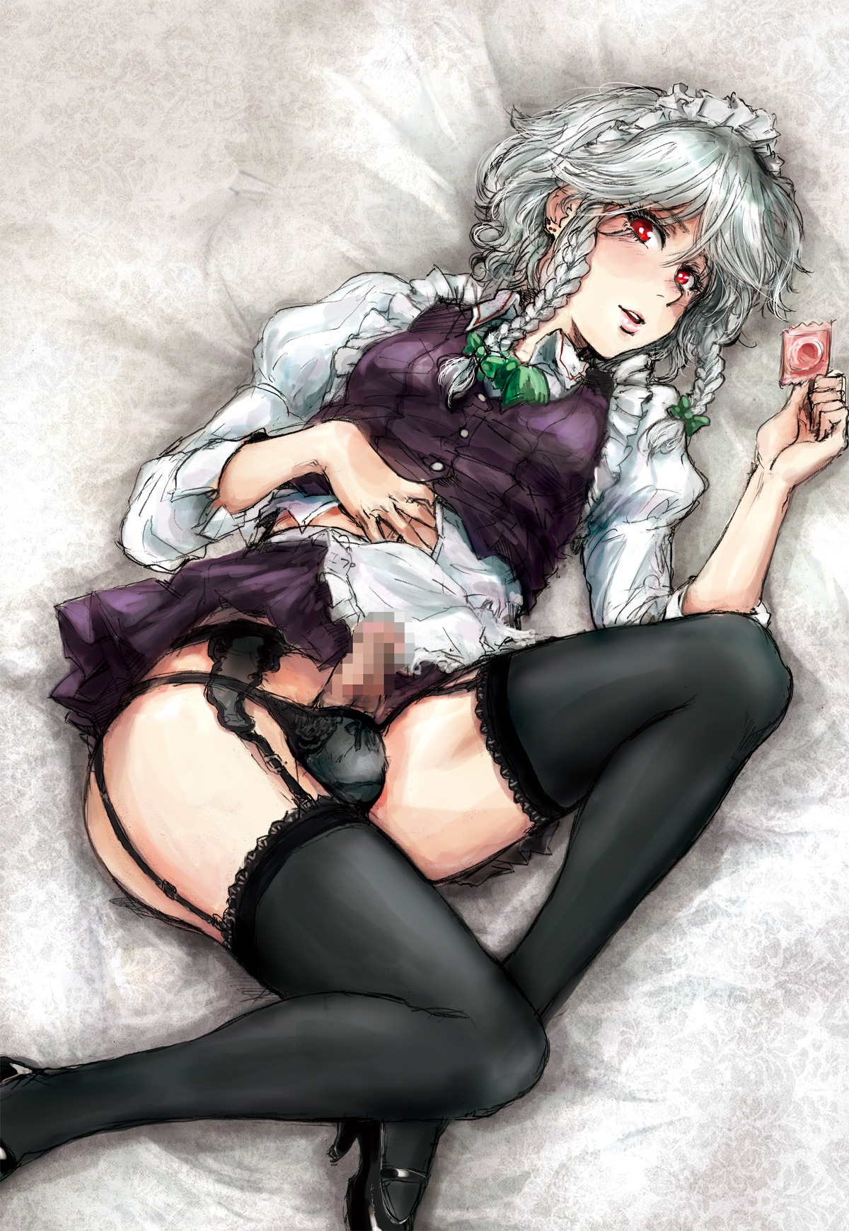 1futa balls balls_bulge balls_in_panties balls_under_clothes black_legwear black_thighhighs braid breasts censored condom cosplay dickgirl erection erection_under_clothes erection_under_skirt face futa_only futanari garter_belt highres intersex lips mosaic_censoring osakana_(denpa_yun'yun) panties panty_bulge penis penis_out penis_under_clothes penis_under_skirt rule34 sakuya_izayoi sakuya_izayoi_(cosplay) skirt skirt_lift small_breasts small_penis solo thighhighs touhou twin_braids underwear