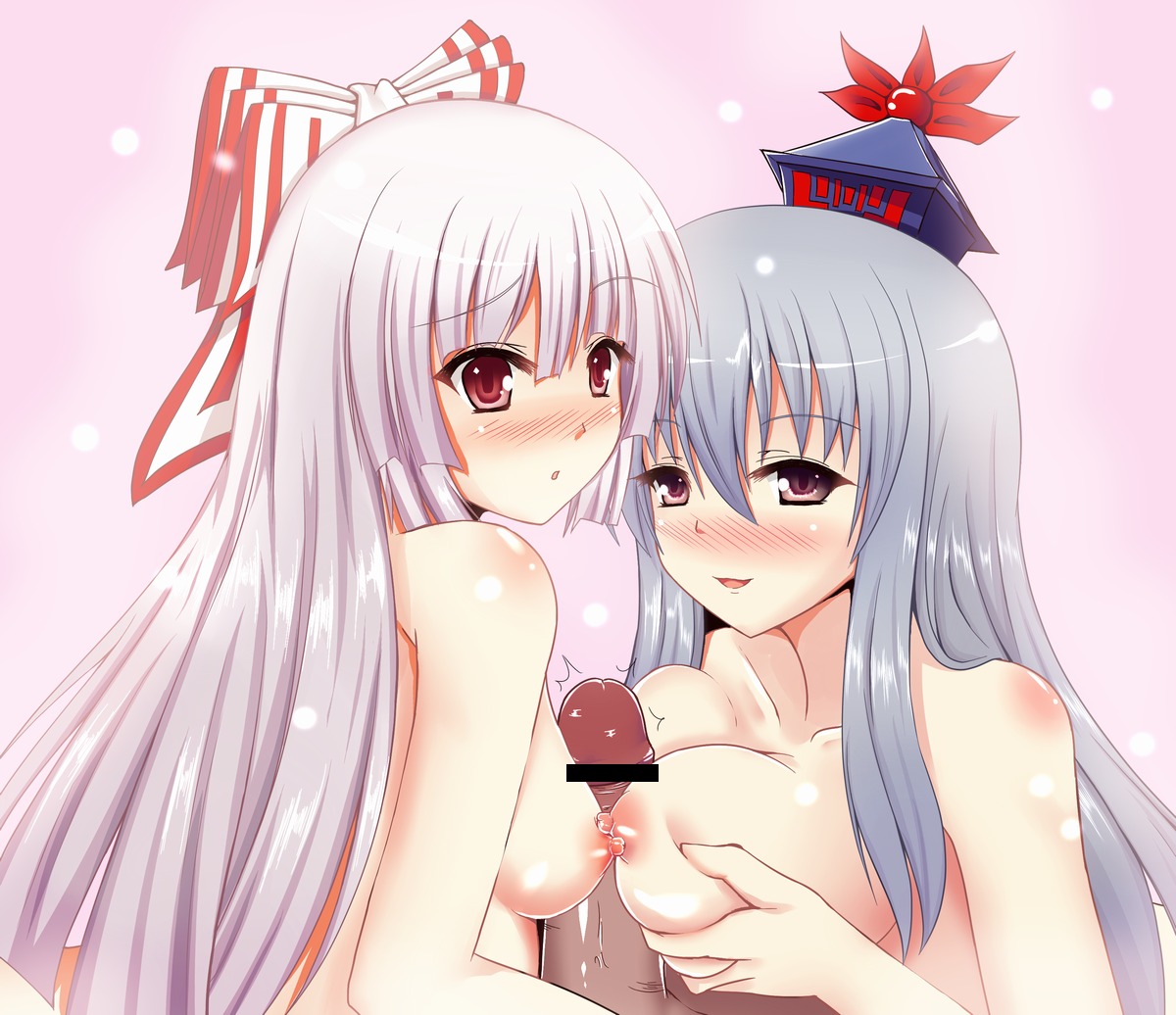blue_hair blush bow breasts censored double_paizuri female fujiwara_no_mokou hairbow hat keine_kamishirasawa long_hair male multiple_females multiple_girls nipples nude paizuri penis pixiv_manga_sample red_eyes rule34 second_heaven silver_hair touhou white_hair