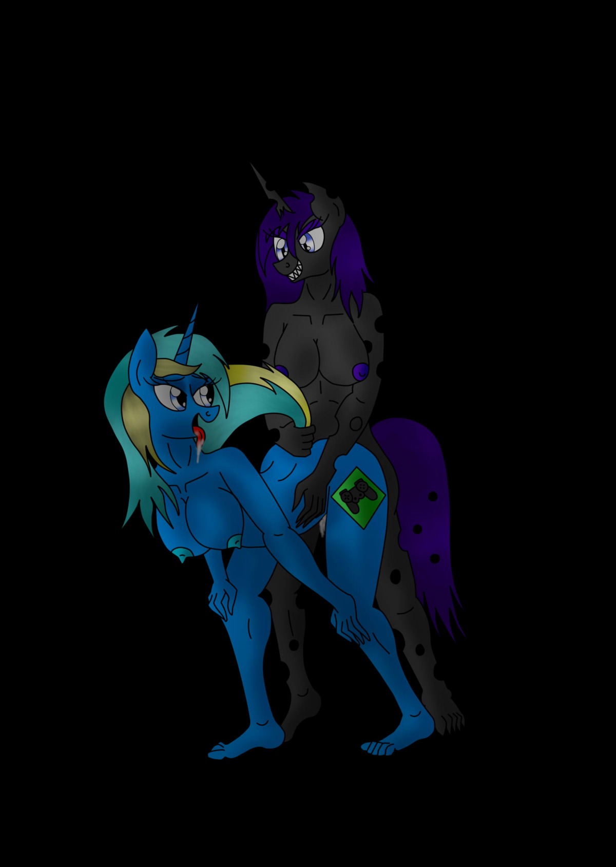 5j4c720 anthro anthrofied areola arthropod bent_over black_background black_body black_skin blue_body blue_fur breasts changeling_(mlp) duo e621 equid equine fan_character female friendship_is_magic full-length_portrait fur gynomorph gynomorph/female hair hasbro hi_res horn intersex intersex/female mammal multicolored_hair my_little_pony mythological_creature mythological_equine mythology nipples nude portrait purple_hair sex simple_background tail tail_grab two_tone_hair unicorn