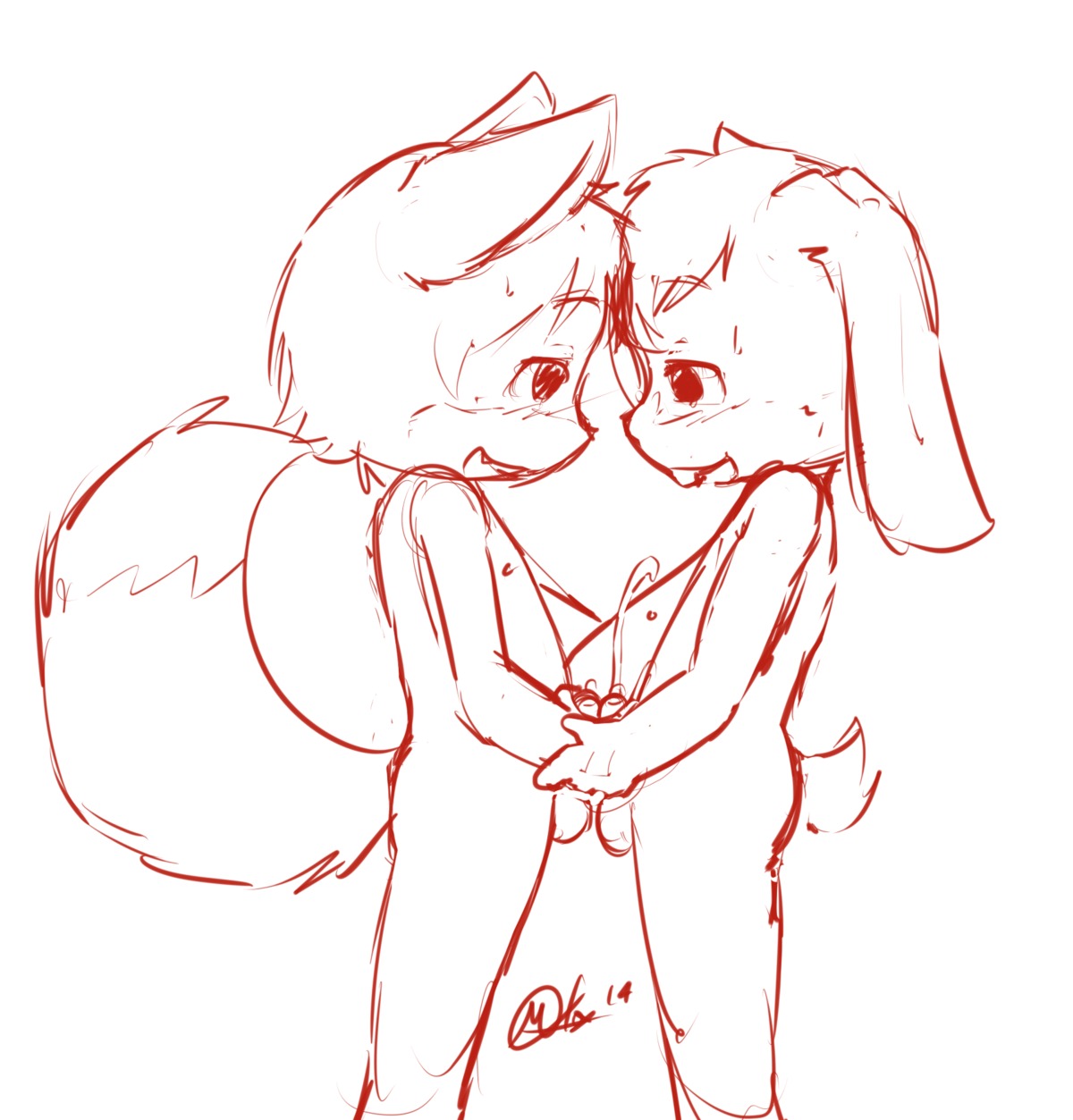 2013 anthro beau_(squirrelfox) blush bodily_fluids canid canine cum duo e621 erection fox frottage genital_fluids genitals happy hi_res hybrid kevin_snowpaw lagomorph leporid love male male/male mammal manafox penile penis penises_touching rabbit rodent sciurid sex simple_background sketch squirrelfox sweat tree_squirrel white_background young young_anthro