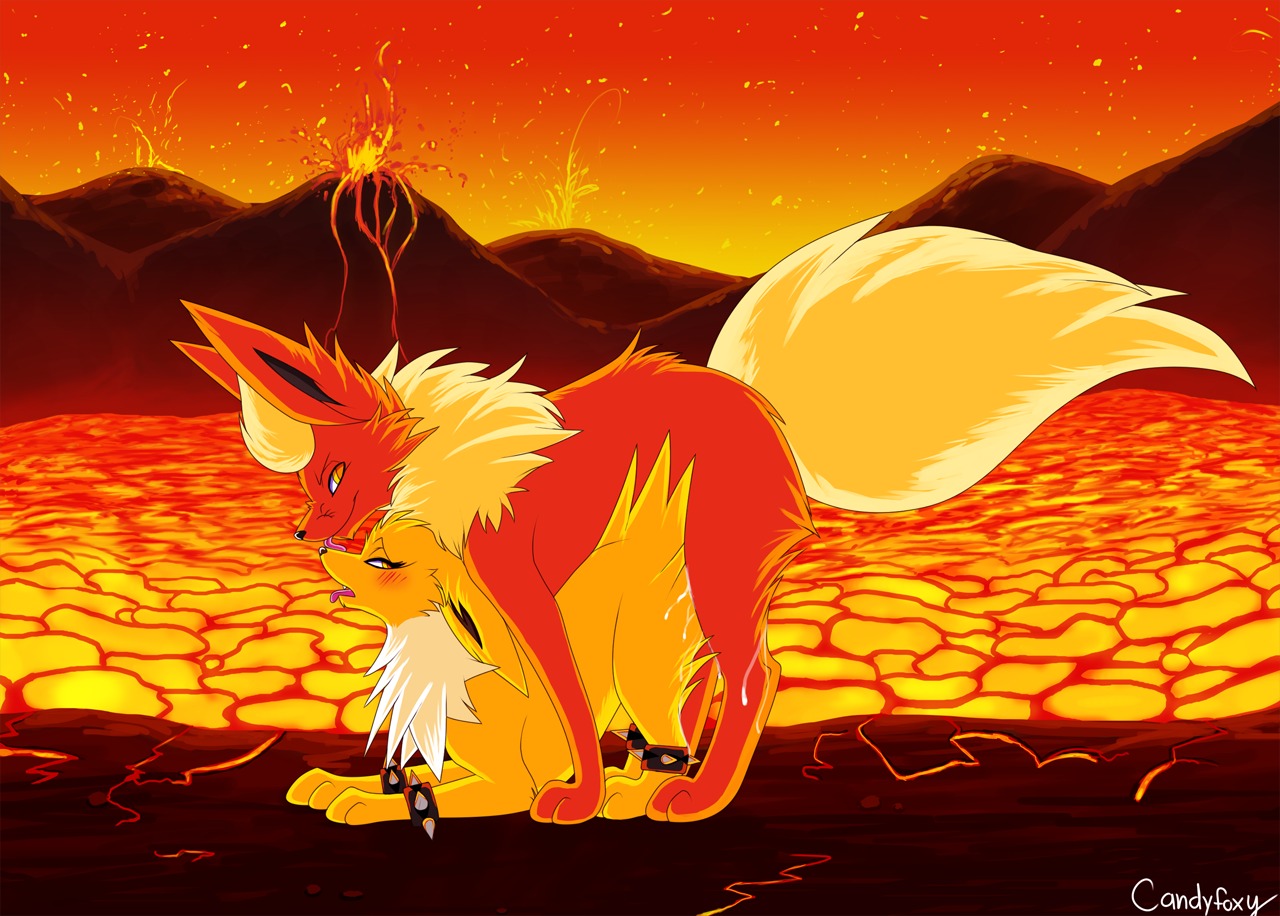 2013 3_toes akira_(candyfoxy) all_fours ass_up blush bodily_fluids butt candyfoxy canid canine cum cum_inside cum_on_butt cum_on_fur cum_on_leg cum_string digital_media_(artwork) doggystyle duo e621 eeveelution feet female feral feral_on_feral flareon from_behind_position fur fyre generation_1_pokemon genital_fluids happy jolteon lava licking long_ears looking_back lying male male/female mammal narrowed_eyes nintendo nude on_front open_mouth orange_body orange_fur outside pokemon pokemon_(species) sex shaded side_view sky smile spikes squint tail toes tongue tongue_out volcano warm_colors yellow_body yellow_eyes yellow_fur