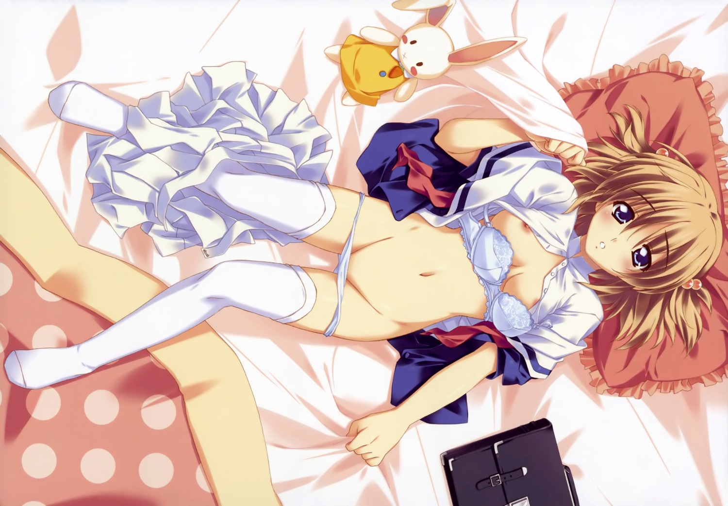 bed blonde_hair blush bra breasts bunny female hair_ornament highres kusukusu lingerie moshimo_ashita_ga_hare_naraba nipples nonosaki_tsubasa open_clothes open_mouth open_shirt panties pillow rule34 school_uniform shirt thighhighs underwear white_legwear white_thighhighs