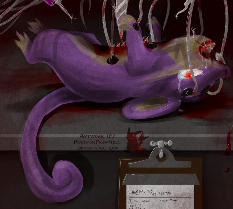 ambiguous_gender blood bodily_fluids clipboard creepy crying e621 feral furniture generation_1_pokemon gore hashtag id_number knife laboratory lying machine mammal nightmare_fuel nintendo number on_back on_table open_mouth pain pokemon pokemon_(species) pokemonfromhell rattata red_eyes rodent solo species_name surgical_operation syringe table tears testing text torture tube