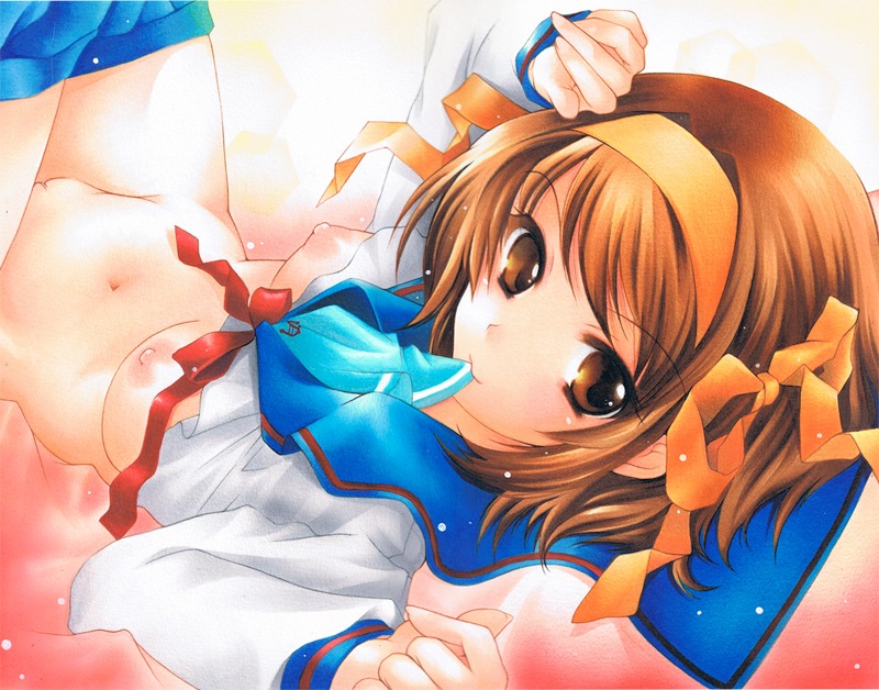 ayatori breasts brown_eyes brown_hair clothing female hairband mouth_hold nipples pussy ribbon rule34 school_uniform short_hair small_breasts suzumiya_haruhi suzumiya_haruhi_no_yuuutsu traditional_media uncensored undressing