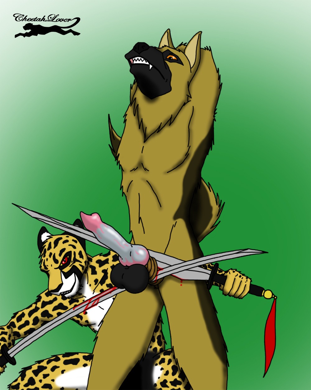 anatomically_correct anatomically_correct_genitalia anatomically_correct_penis animal_genitalia animal_penis anthro balls big_penis blood blood_from_penis bodily_fluids canid canine canine_genitalia canine_penis canis castration cheetah cheetahlover cock_and_ball_torture domestic_dog duo e621 erection felid feline genital_mutilation genital_removal genital_torture genitals german_shepherd gore gore_focus green_background herding_dog hi_res knot male mammal melee_weapon mutilation pastoral_dog penectomy penis red_eyes simple_background sword tail torture weapon