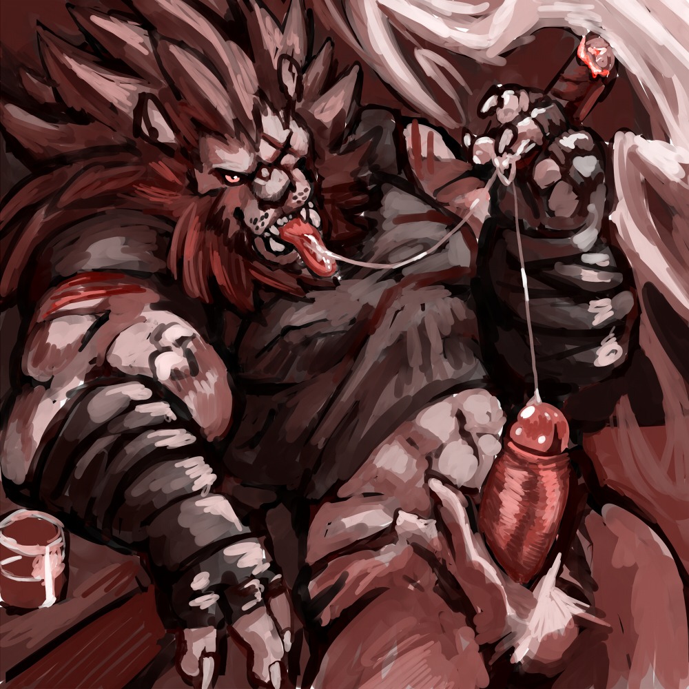 1:1 abs alan_gado anthro balls biceps big_penis blazingcheecks bloody_roar bodily_fluids bottomless bottomwear cigar claws clothed clothing cum cum_on_own_tongue cum_on_self cum_on_tongue cum_string cum_taste e621 erection fangs felid genital_fluids genitals konami lion looking_at_viewer male mammal muscular muscular_anthro muscular_male nipples open_mouth pantherine pants pecs penis presenting self_taste shirt smoke smoking solo teeth thick_penis tongue tongue_out topwear