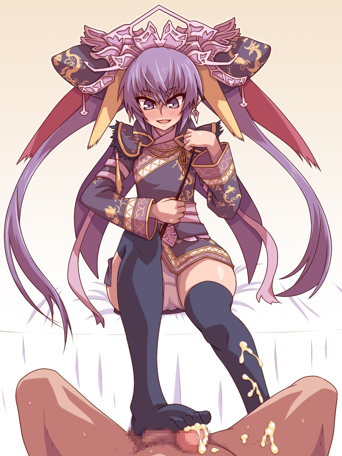 blonde_hair censored crown cum feet female footjob highres japanese_clothes jewelry long_hair multicolored_hair panties purple_eyes purple_hair purple_legwear red_hair rule34 sangokushi_taisen smile thighhighs tied_hair touhaku twintails underwear