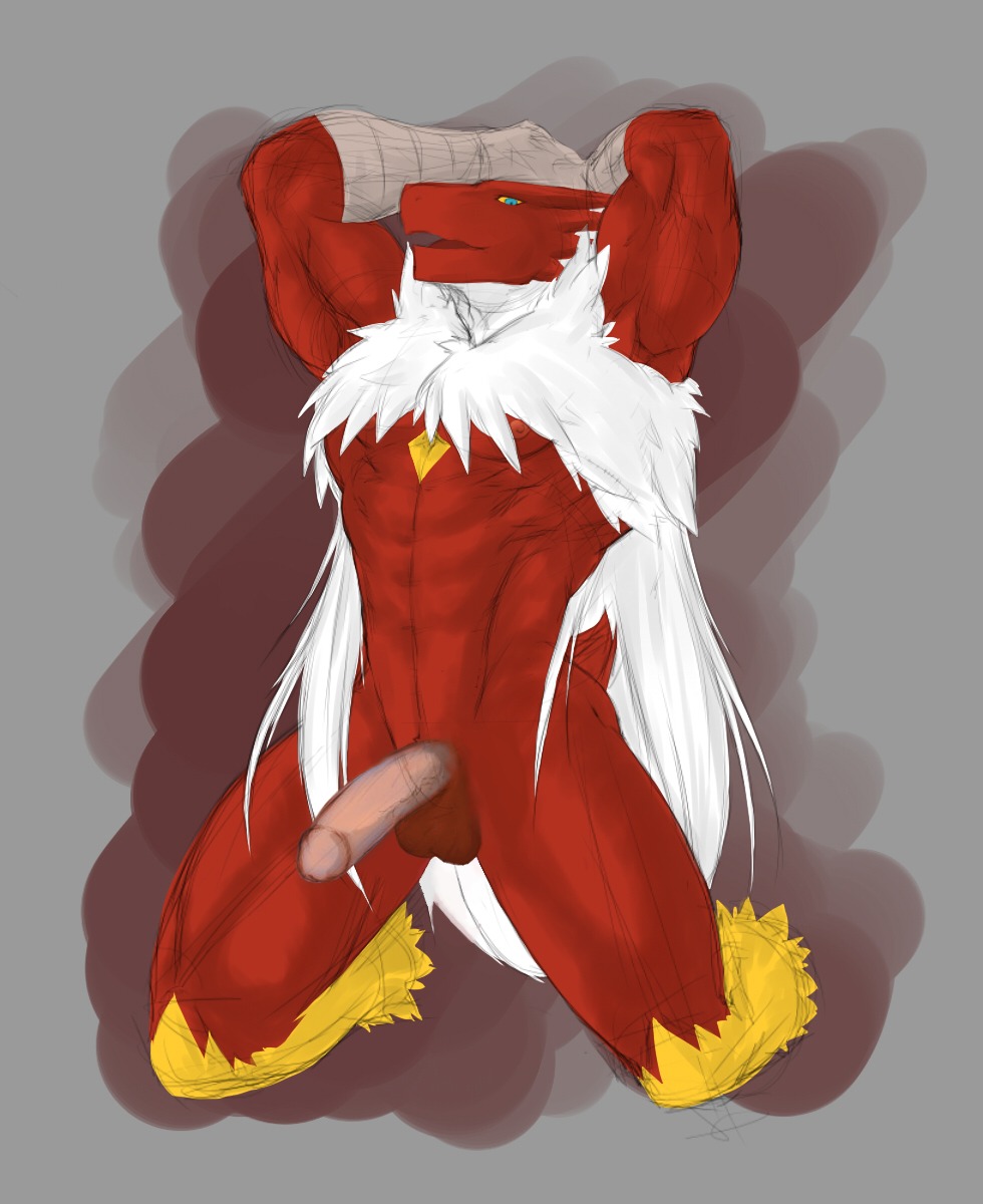 anthro avian biped bird blaziken blue_eyes e621 erection feathers generation_3_pokemon genitals hi_res humanoid_genitalia humanoid_penis keeyrow kneeling male nintendo nude penis pokemon pokemon_(species) red_body red_skin solo