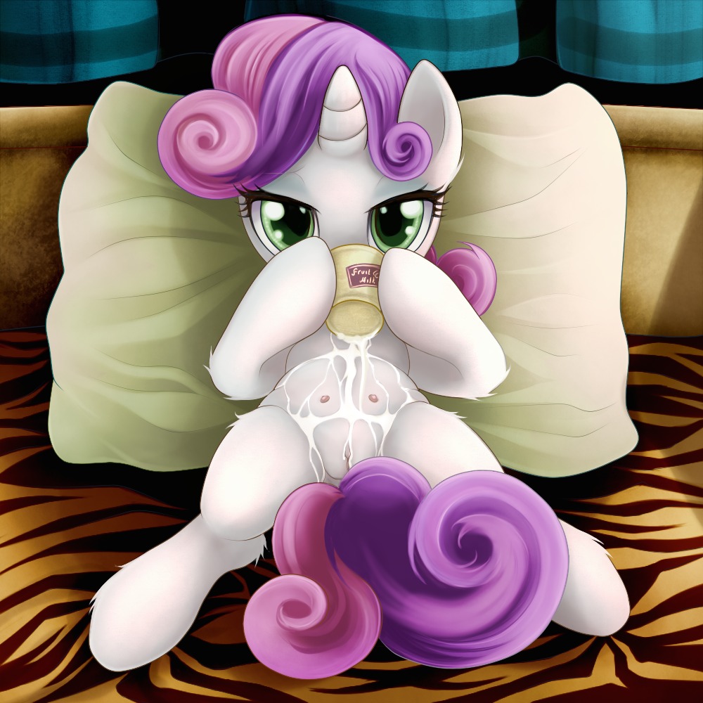 1:1 2012 anatomically_correct anatomically_correct_genitalia anatomically_correct_vulva animal_genitalia animal_vulva bed container cup drinking e621 equid equine equine_genitalia equine_vulva female feral friendship_is_magic furniture genitals green_eyes hair hasbro horn inside long_hair looking_at_viewer lying mammal milk multicolored_hair my_little_pony mythological_creature mythological_equine mythology on_back on_bed pillow purple_hair rainbow_(artist) solo spread_legs spreading suggestive sweetie_belle_(mlp) tail teats two_tone_hair unicorn vulva young young_feral