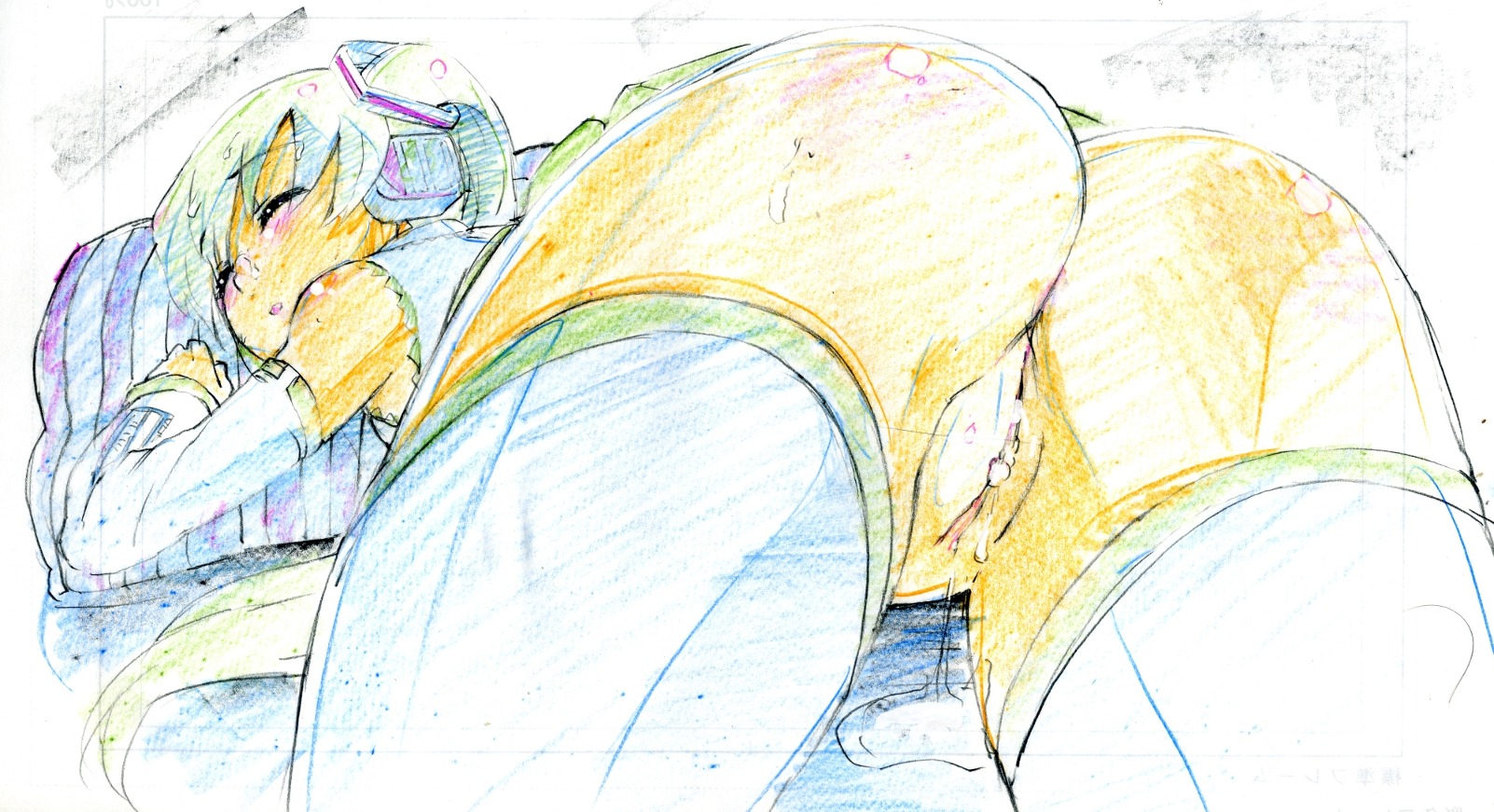 1girl after_sex anus ass blush closed_eyes cum cum_inside cumdrip detached_sleeves facial female green_hair hatsune_miku headphones highres long_hair lying neibii no_panties on_stomach pillow pussy pussy_juice rule34 sketch skirt solo thighhighs traditional_media twintails uncensored vocaloid zettai_ryouiki