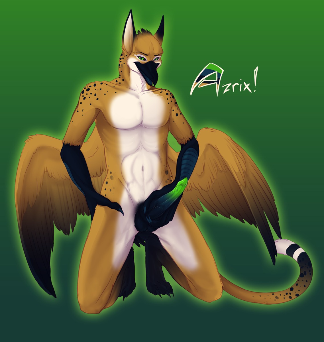 2011 anthro avian balls beak biped black_balls black_sclera claws e621 erection feathered_wings feathers genitals green_eyes green_penis gryphon hi_res kneeling looking_at_viewer male mythological_avian mythological_creature mythology navel nude penis phoenix-pinion smile solo tail wings