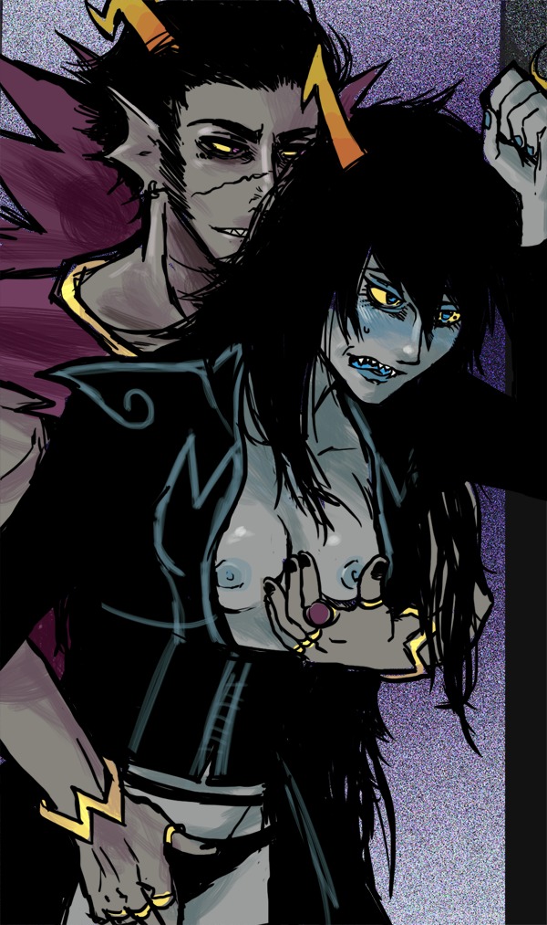 1boy 1girls ancestor_(homestuck) ancestors artist_request black_hair blue_eyes breasts color dubious_consent female fins homestuck horn long_hair male marquise_spinneret_mindfang medium_breasts ms_paint_adventures open_clothes open_mouth orphaner_dualscar panties partially_clothed purple_background purple_hair rule34 scar short_hair smile standing straight tongue troll