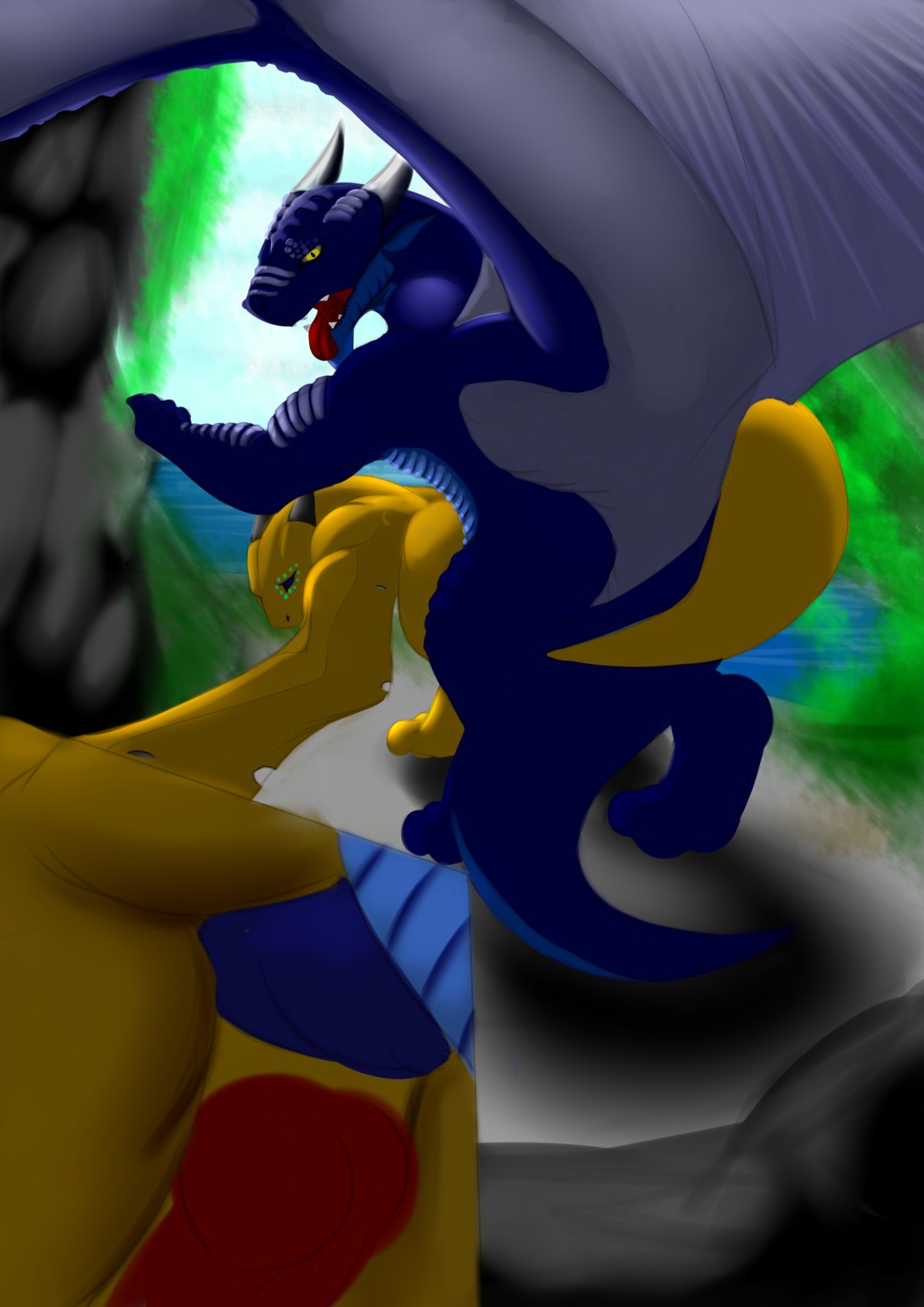 absurd_res anal anal_penetration dragon duo e621 erection genitals hi_res horn island looking_at_viewer looking_back male male/male male_penetrated male_penetrating male_penetrating_male master/pet membrane_(anatomy) membranous_wings mythological_creature mythological_scalie mythology nude open_mouth outside penetration penis scalie sex skyeder0 spread_wings tail teeth tongue tongue_out wings
