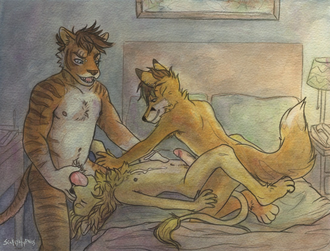 anal anal_penetration anthro anthro_on_anthro anthro_penetrated anthro_penetrating anthro_penetrating_anthro armpit_hair bed biped bodily_fluids body_hair canid canine chest_hair chest_tuft cum cum_on_self cum_while_penetrated cumshot e621 ejaculation erection felid fellatio foreskin fox furniture genital_fluids genitals group group_nudity group_sex hands-free happy_trail humanoid_genitalia humanoid_penis indoor_nudity indoor_sex inside lion male male/male male_penetrated male_penetrating male_penetrating_male mammal mane nude on_bed oral oral_penetration orgasm painting_(artwork) pantherine penetration penile penis pubes realistic_penis_size retracted_foreskin sex sicklyhypnos spitroast threesome tiger traditional_media_(artwork) traditional_painting_(artwork) traditional_watercolor_(artwork) trio tuft watercolor_(artwork)