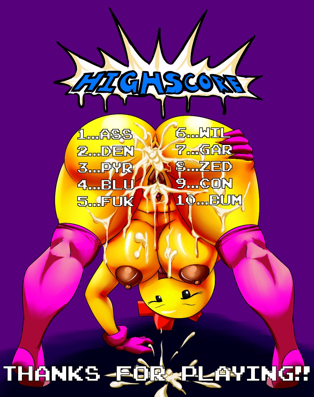 after_sex alternate_species anus areola bandai_namco big_breasts big_butt bodily_fluids breasts butt cum cum_in_ass cum_in_vagina cum_inside cum_on_breasts e621 english_text erect_nipples female genital_fluids genitals hi_res humanoid humanoidized looking_at_viewer looking_back messy ms._pac-man navel nipples not_furry orgasm pac-man_(series) presenting presenting_hindquarters smile solo text thecon vulva