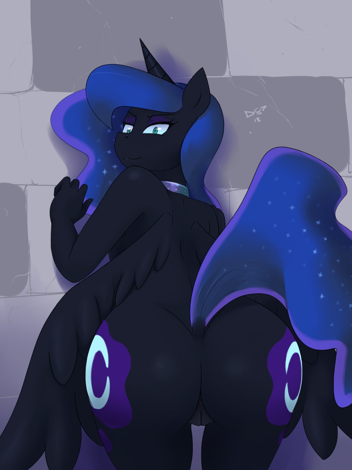 2013 absurd_res anthro anthrofied anus black_body black_feathers butt cutie_mark devo87 e621 equid equine feathered_wings feathers female friendship_is_magic genitals hasbro hi_res horn mammal my_little_pony mythological_creature mythological_equine mythology nightmare_moon_(mlp) presenting solo vulva winged_unicorn wings