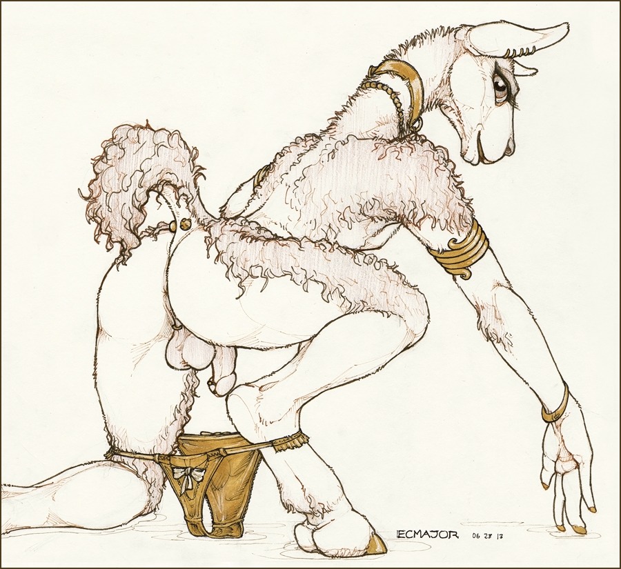 anthro anus armlet backsack balls bent_over biped border bracelet butt camelid choker clothed clothing collar crouching e621 ear_piercing ecmajor fingers flaccid furgonomic_piercing furgonomics genital_piercing genitals guanaco guiche_piercing hooved_fingers hooves humanoid_genitalia humanoid_penis jewelry kneeling looking_at_viewer looking_back male mammal monochrome necklace on_one_knee panties partially_clothed penis penis_piercing piercing prince_albert_piercing raised_tail santiago_sara_(ecmajor) simple_background solo tail tail_piercing traditional_media_(artwork) underwear underwear_down unguligrade white_background yellow_border