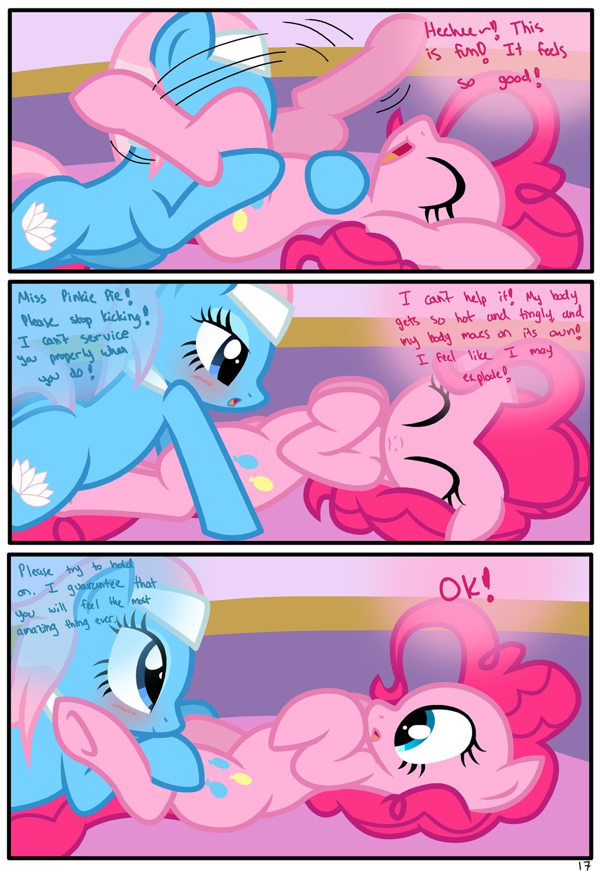 2013 absurd_res blue_eyes blush comic cunnilingus cutie_mark dialogue duo e621 earth_pony english_text equid equine female female/female feral friendship_is_magic fur hair hasbro hi_res horse lotus_(mlp) mammal my_little_pony oral pink_body pink_fur pink_hair pinkie_pie_(mlp) pony pyruvate sex text vaginal