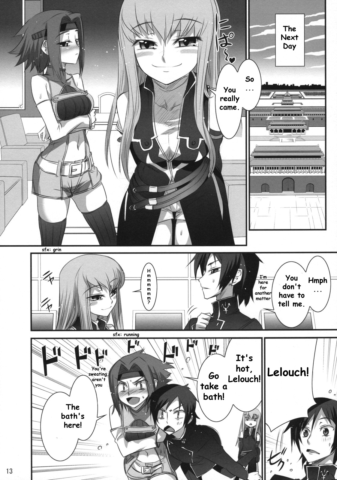 blush c.c. code_geass comic female kallen_stadtfeld koume_keito lelouch_lamperouge open_mouth rule34 speech_bubble sweat