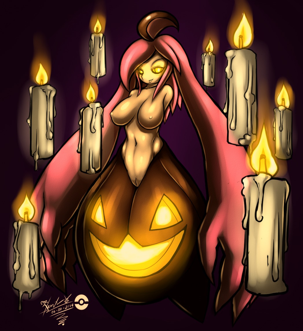 breasts candle e621 female generation_6_pokemon genitals glowing glowing_eyes gourgeist humanoid mnxenx001 nintendo nipples pokemon pokemon_(species) solo vulva