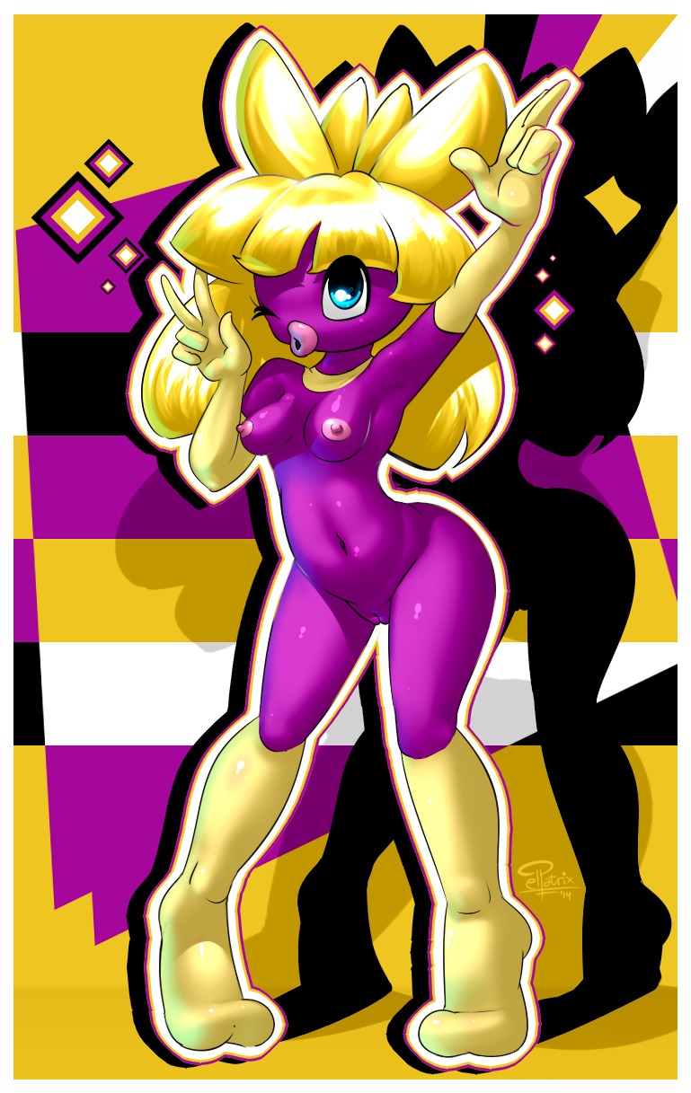 2014 blonde_hair blue_eyes breasts colorful_theme digital_media_(artwork) e621 elpatrixf female generation_2_pokemon genitals hair hi_res humanoid lips looking_at_viewer navel nintendo nipples nude open_mouth pink_nipples pokemon pokemon_(species) pokemorph purple_body purple_skin smoochum solo vulva