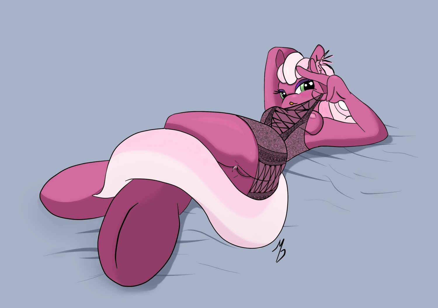 anthro anthrofied biped bodily_fluids breasts butt cheerilee_(mlp) cleavage clothed clothing digital_media_(artwork) e621 earth_pony equid equine female friendship_is_magic fur genital_fluids genitals green_hair hair hasbro hi_res hooves horse lingerie long_hair lying mammal mdgusty my_little_pony on_side pink_hair pony presenting presenting_hindquarters pubes purple_body purple_fur simple_background solo vaginal_fluids vulva