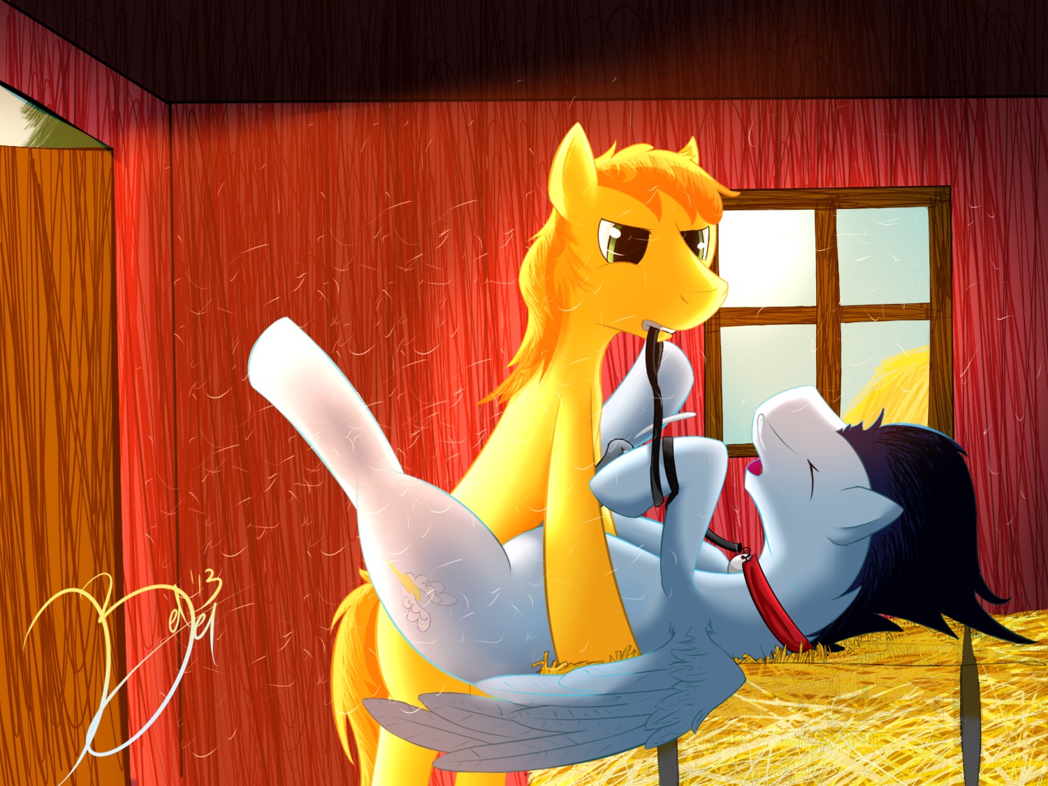 4:3 anal animal_genitalia animal_penis braeburn_(mlp) collar dominant dominant_male duo e621 earth_pony equid equine equine_genitalia equine_penis erection feathered_wings feathers feral friendship_is_magic genitals hasbro hay hi_res horse leash leash_in_mouth lying male male/male male_penetrated male_penetrating male_penetrating_male mammal my_little_pony object_in_mouth on_back penetration penis pony redjey sex soarin_(mlp) submissive submissive_male tail wings wonderbolts_(mlp)