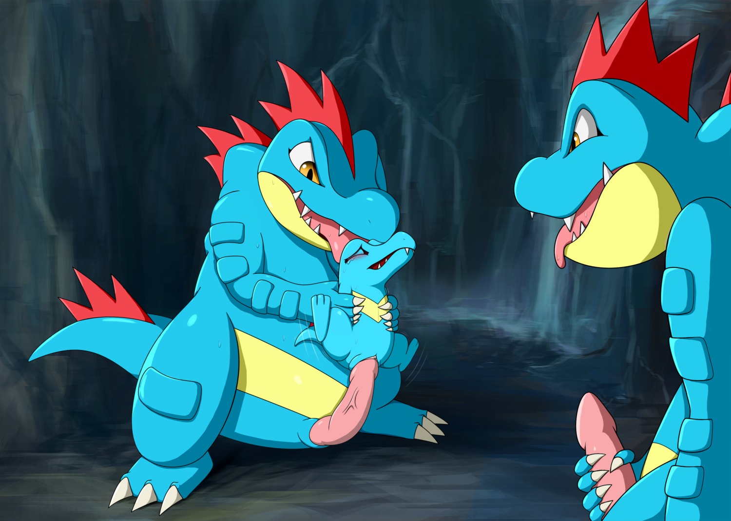 3_toes 5_fingers blue_body blue_skin blush bodily_fluids cave claws crying dancingchar dominant e621 erection eyes_closed feet female feral feral_on_feral feraligatr fingers forced generation_2_pokemon genitals glistening grasp group happy hi_res holding_penis imminent_sex larger_dom larger_male licking lifting male male/female male_penetrating masturbation nintendo penetration penile penile_masturbation penis pink_penis pokemon pokemon_(species) rape reptile saliva scalie sex shadow shallow_penetration sharp_teeth size_difference smaller_female smile standing tears teeth toe_claws toes tongue tongue_out totodile vaginal vaginal_penetration voyeur vulva yellow_eyes
