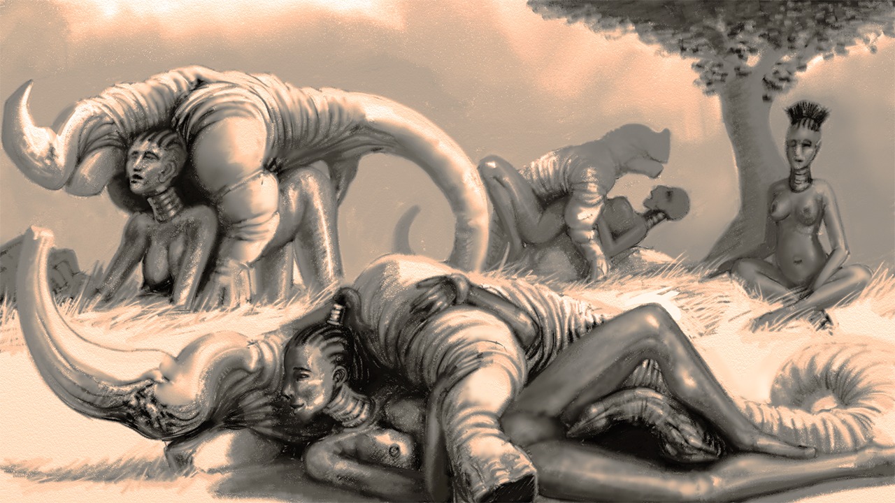 16:9 alien all_fours bestiality breasts dark_body dark_skin doggystyle e621 erection female female_human female_on_feral feral feral_penetrating feral_penetrating_human from_behind_position from_front_position genitals greyscale group group_sex horn human human_on_feral human_penetrated interspecies jewelry lying male male/female male_penetrating mammal meandraco missionary_position monochrome monster nipples nude on_back orgy outside penetration penis plant sex sitting tree vaginal vaginal_penetration vulva widescreen