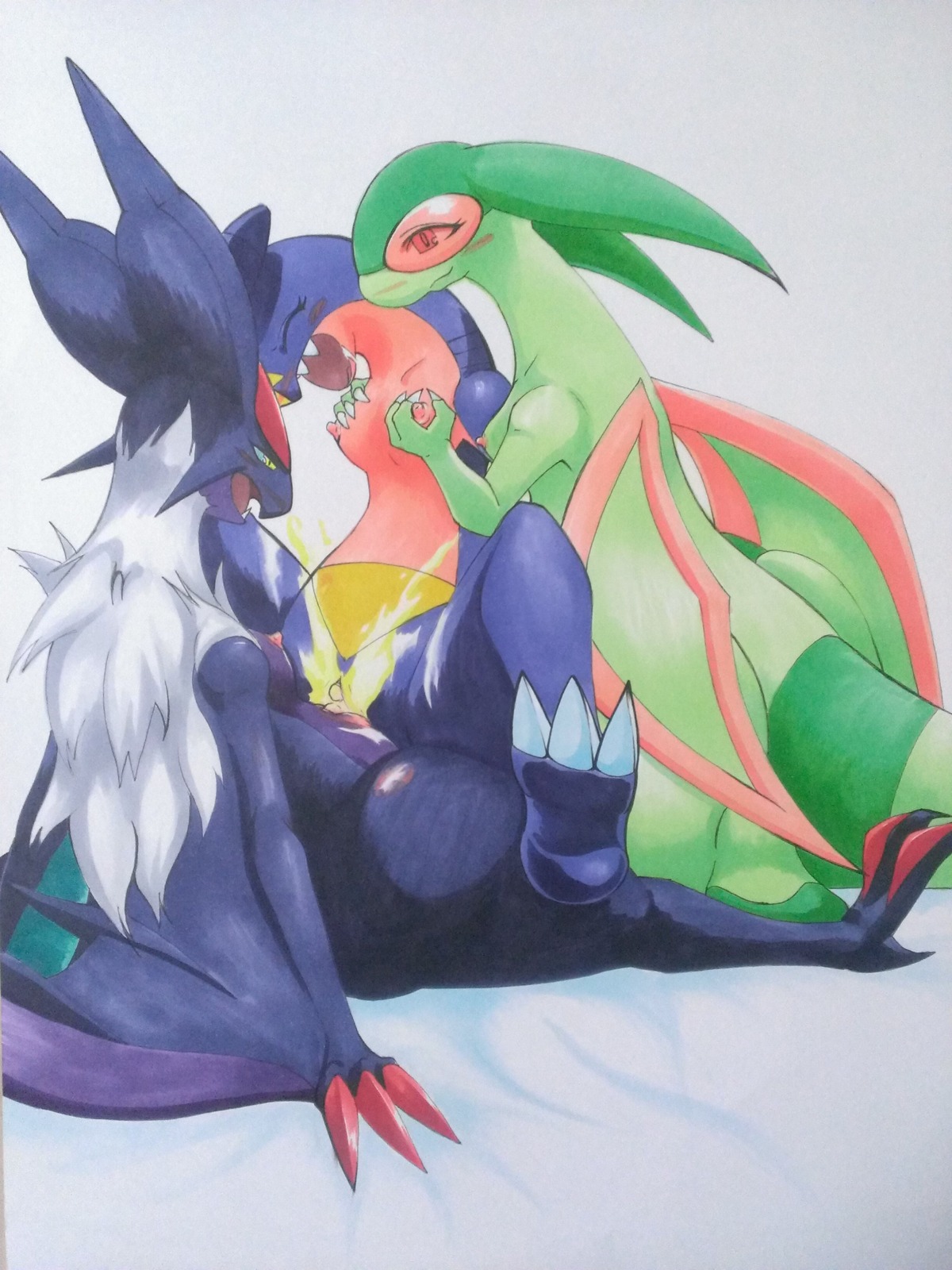 025aki 3:4 absurd_res anthro anthro_on_anthro blush bodily_fluids breast_grab breasts claws clitoris cowgirl_position dragon drooling e621 european_mythology eyes_closed female female/female female_on_bottom female_on_top flygon from_front_position garchomp generation_3_pokemon generation_4_pokemon generation_6_pokemon genital_fluids genitals grope group group_sex hand_on_breast hi_res mastery_position membrane_(anatomy) membranous_wings mythological_creature mythological_scalie mythology nintendo nipples noivern non-mammal_breasts non-mammal_nipples nude on_bottom on_lap on_top open_mouth orgasm pokemon pokemon_(species) reclining saliva scalie semi-anthro sex simple_background sitting_on_lap spread_legs spreading straddling tail threesome tongue tribadism trio vaginal vaginal_fluids vulva western_dragon white_background wing_claws wings wyvern