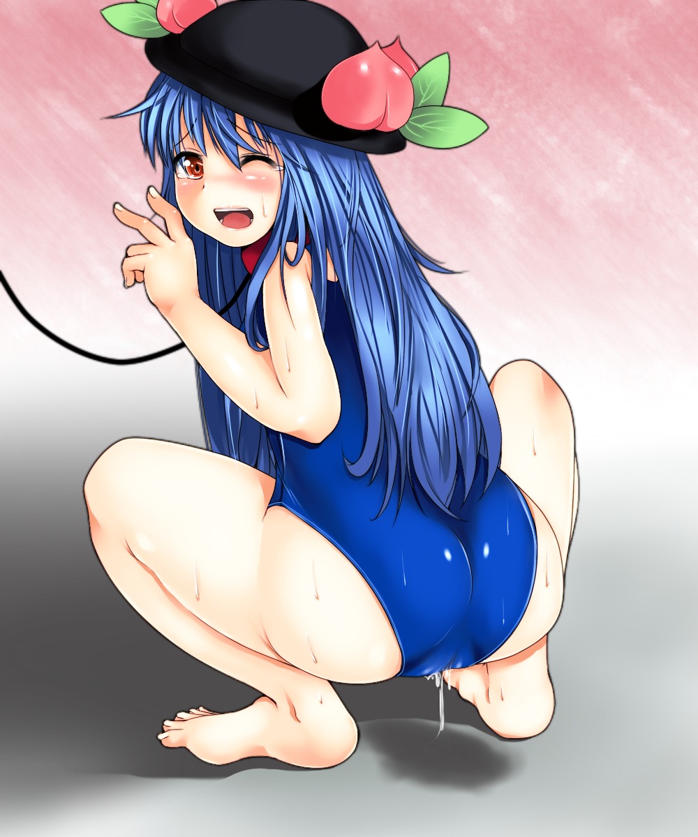 amecha barefoot blue_hair bondage collar female food fruit hat highres leash long_hair one-piece_swimsuit peach_(fruit) pussy pussy_juice red_eyes rule34 school_swimsuit solo squatting sweat swimsuit tears tenshi_hinanawi touhou wince