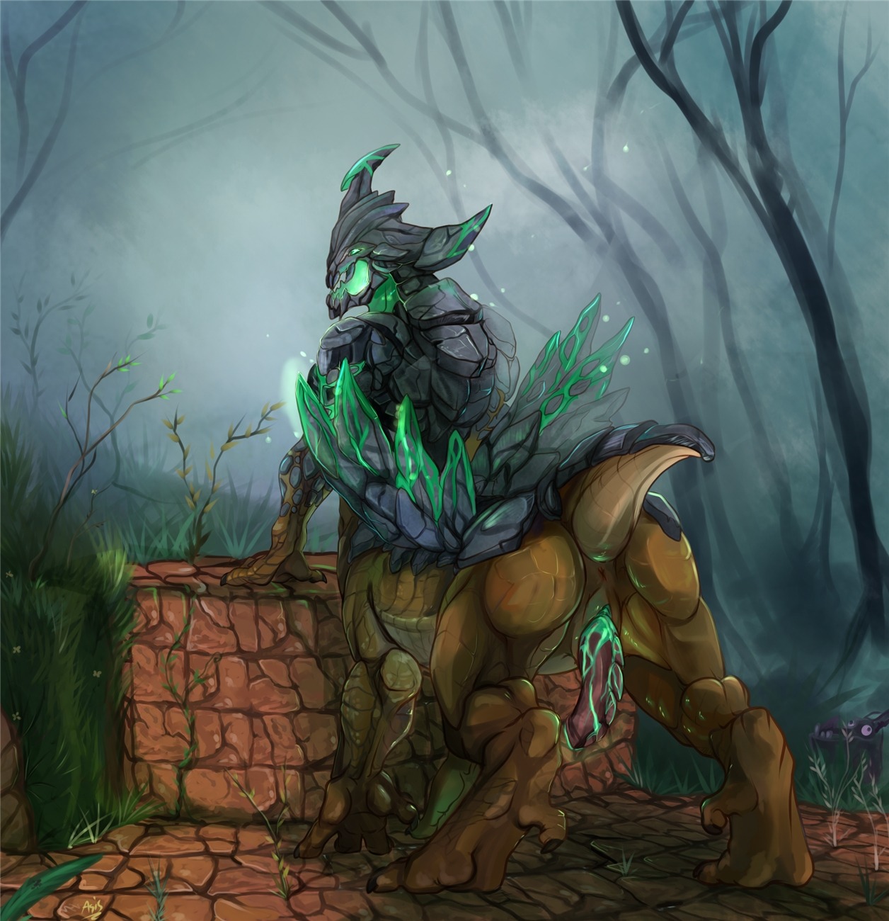 anthro anus brown_body brown_skin butt claws detailed_background dewclaw digitigrade dota dragonasis e621 erection feet genitals harbinger_the_outworld_devourer hi_res looking_at_viewer male muscular muscular_male muscular_taur nature outside penis presenting quadruped scales scalie short_tail solo tail taur toe_claws unknown_species valve valve_corporation wood