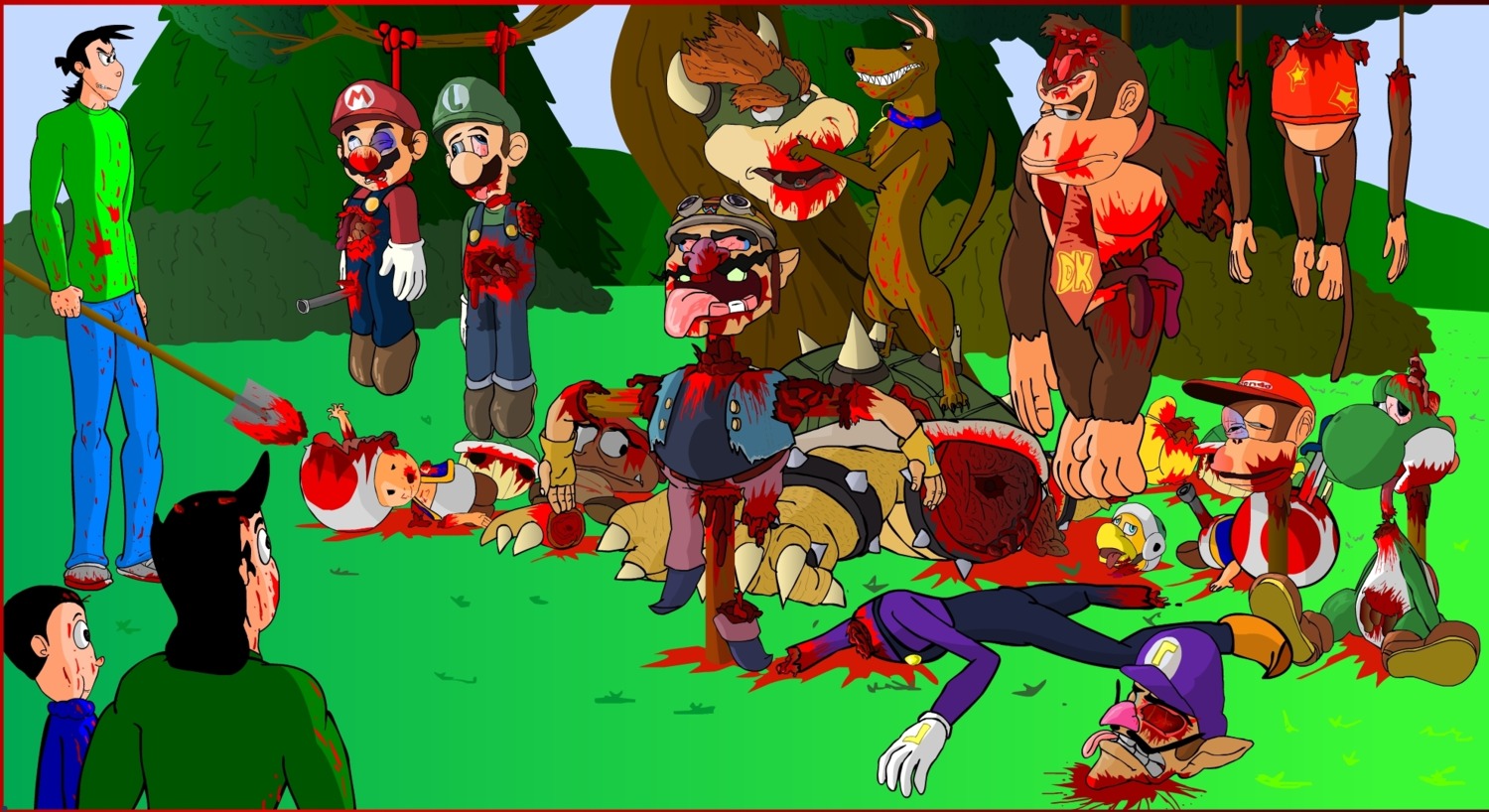 ambiguous_gender anthro ape blood blue_eyes bodily_fluids bowser brother_(lore) brothers_(lore) canid canine canis carnage collar death decapitation diddy_kong domestic_dog donkey_kong_(character) donkey_kong_(series) dragon_koopa e621 eevo_(author) eevo_(character elder_(character) feet gang goomba gore green_yoshi group guts hammer_bro hanged haplorhine hi_res human jujo_(character) killing koopa luigi male mammal mario mario_bros muscular muscular_male nintendo organs parody pecs prehensile_feet primate red_toad scalie severed_body_part severed_head shovel sibling_(lore) tail toad_(character) toad_(mario) toes tools twins_(lore) unwilling_stereotypes waluigi wario yoshi yoshi_(character)