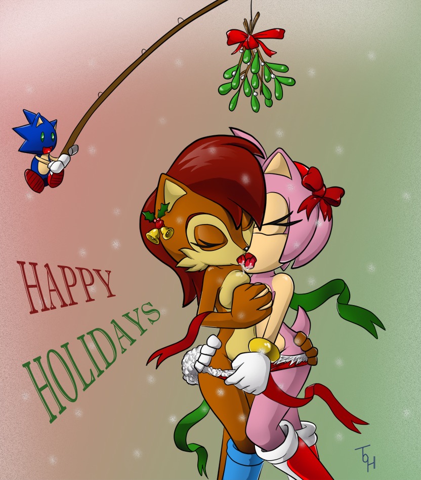 2011 amy_rose anthro archie_comics blue_body blue_fur breasts brown_body brown_fur chipmunk christmas digital_media_(artwork) duo_focus e621 eulipotyphlan eyes_closed female female/female french_kissing fur ground_squirrel group hair hedgehog holidays kissing kissing_bough male mammal mistletoe nude pink_body pink_fur pink_hair plant red_hair ribbons rodent sally_acorn sciurid sega sonic_the_hedgehog sonic_the_hedgehog_(archie) sonic_the_hedgehog_(comics) sonic_the_hedgehog_(series) the_other_half