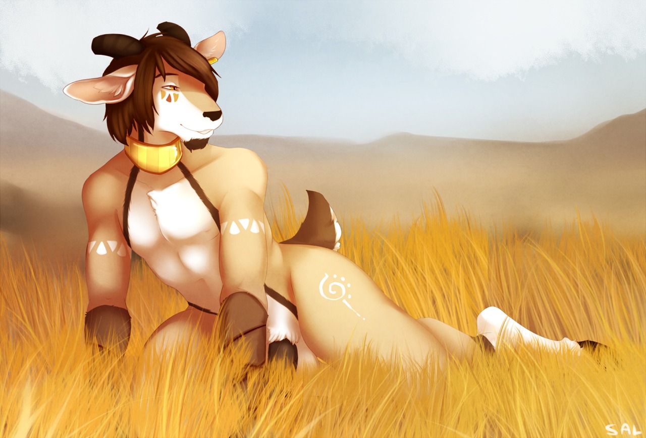 all_fours antelope anthro beard black_penis bovid e621 facial_hair gazelle genitals goatee grass hooves male mammal movits mustachemutt nude outside penis pinup plant pose safari solo tribal