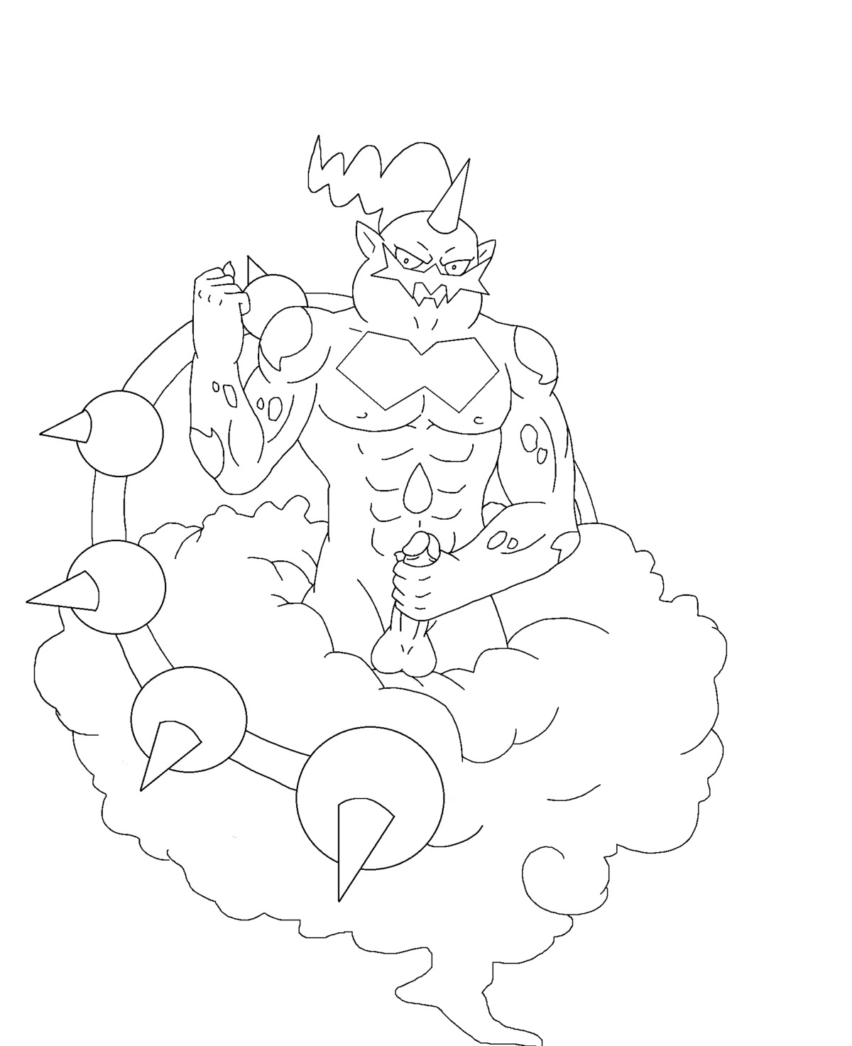 balls buff cum line_art looking_at_viewer male male_only masturbation monochrome penis pokemon rule34 solo testicles thundurus