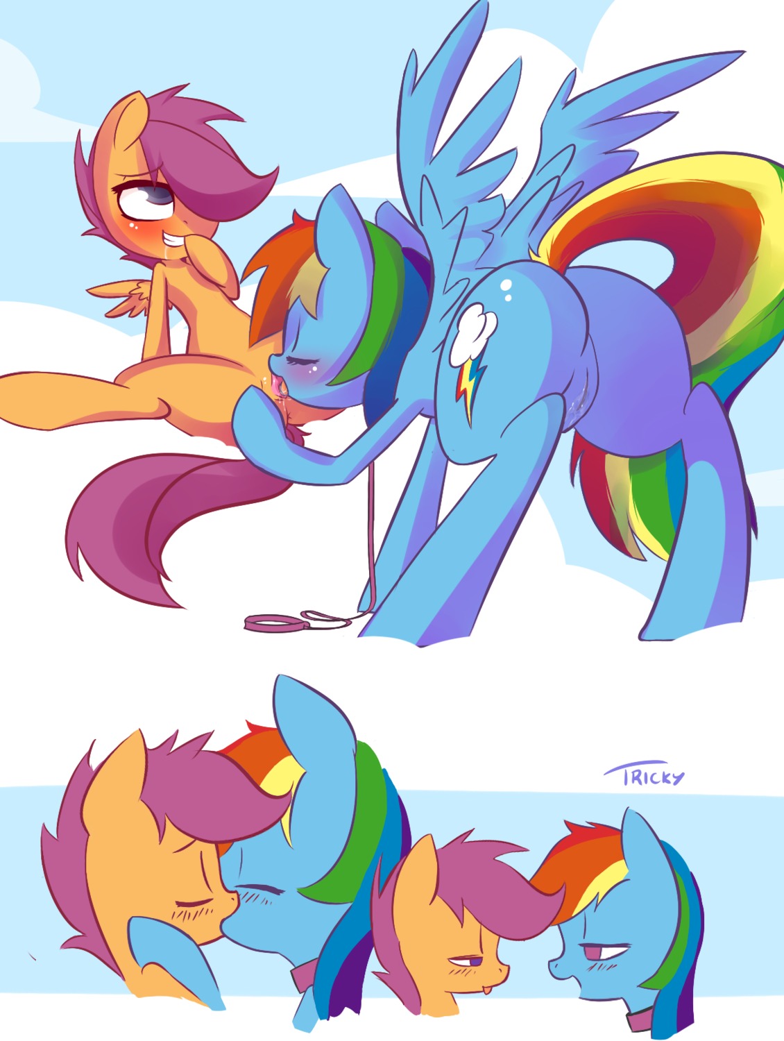 2013 blue_body blue_feathers blue_fur blush bodily_fluids butt collar cunnilingus cutie_mark digital_media_(artwork) dominant dominant_female duo e621 equid equine eyes_closed feathered_wings feathers female female/female feral friendship_is_magic fur genital_fluids genitals hair half-closed_eyes hasbro hi_res kiss_on_lips kissing leash mammal multicolored_hair multicolored_tail my_little_pony mythological_creature mythological_equine mythology narrowed_eyes oral orange_body orange_fur outside pegasus purple_body purple_fur quitetricky rainbow_dash_(mlp) rainbow_hair rainbow_tail scootaloo_(mlp) sex signature spread_legs spreading standing submissive submissive_female tail vaginal vaginal_fluids vulva wings young young_feral