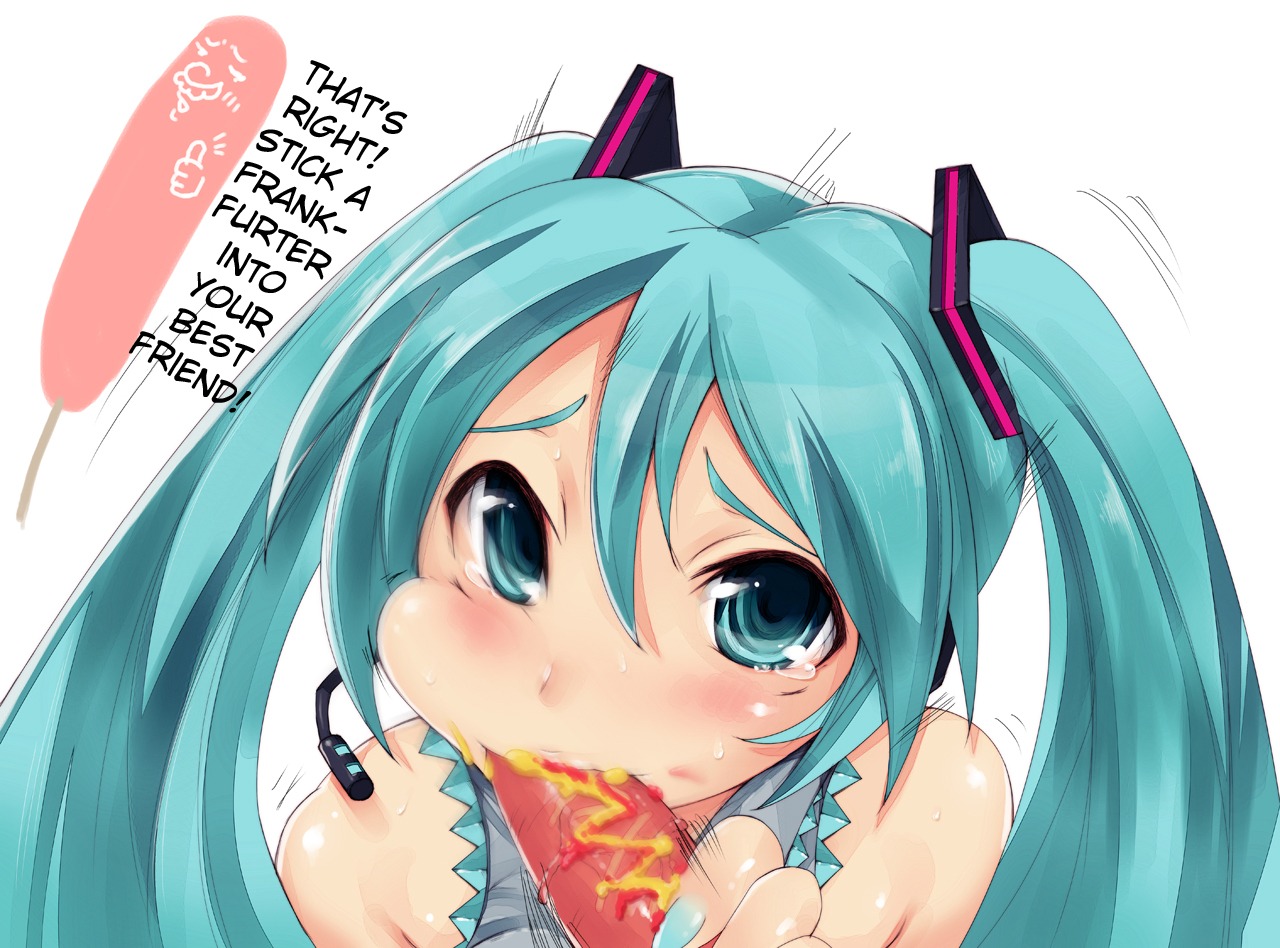 1girl aqua_eyes aqua_hair blue_eyes blue_hair blush cheek_bulge cheek_poke eating english_text fellatio female food hard_translated hatsune_miku headset hot_dog imazon ketchup long_hair male motion_blur mustard nail_polish oral penis penis_hot_dog pov rule34 sausage sexually_suggestive solo tear tears text tied_hair translated twintails vocaloid