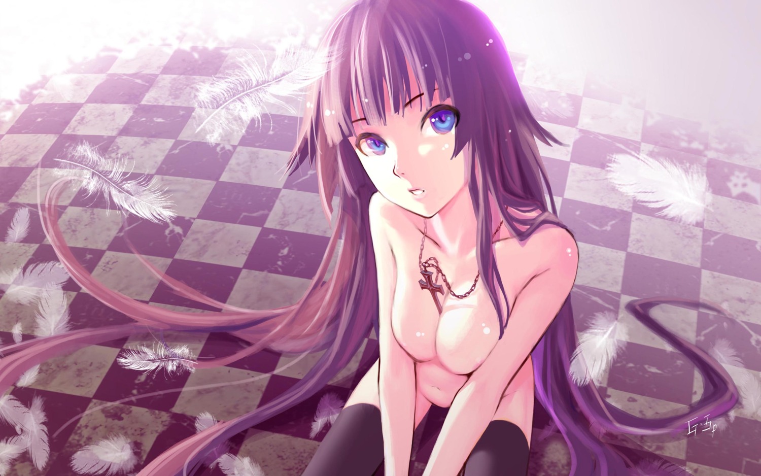 bakemonogatari blue_eyes checkerboard cross feathers female kneeling long_hair looking_at_viewer monogatari_(series) purple_hair rule34 senjougahara_hitagi very_long_hair violet_hair