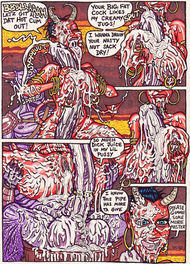 balls big_breasts bodily_fluids breasts comic cum cum_everywhere cum_in_vagina cum_inside cum_on_breasts cum_on_face cum_on_own_face cum_on_self demon duo e621 english_text erection excessive_cum excessive_genital_fluids female genital_fluids genitals happy horn humanoid male male/female messy nipples not_furry nude orgasm penis sex tail text theseus9 vulva