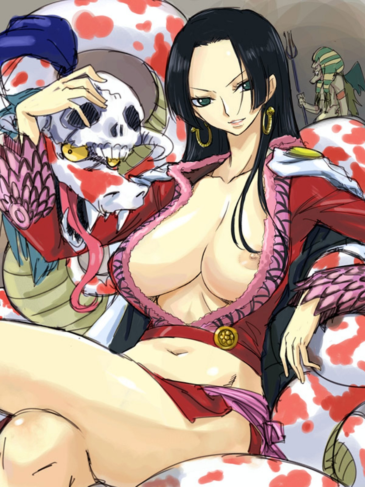 1girls animal black-haired_female black_hair boa_hancock breasts crossed_legs earrings female female_focus green_eyes hannyabal highres huge_breasts jewelry legs_crossed long_hair male michael_f91 midriff nipple_slip nipples no_bra no_sex one_piece resized rule34 salome_(one_piece) sitting skirt skull smile snake solo_focus straight_hair