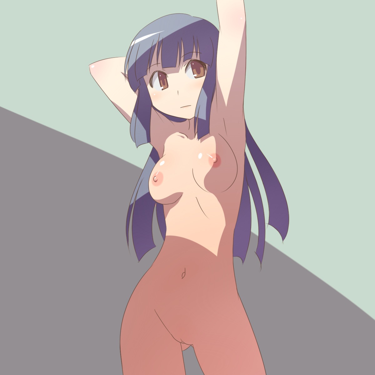 aaaa armpits arms_up black_hair brown_eyes female highres long_hair navel nude original pussy rule34 shade shadow solo uncensored