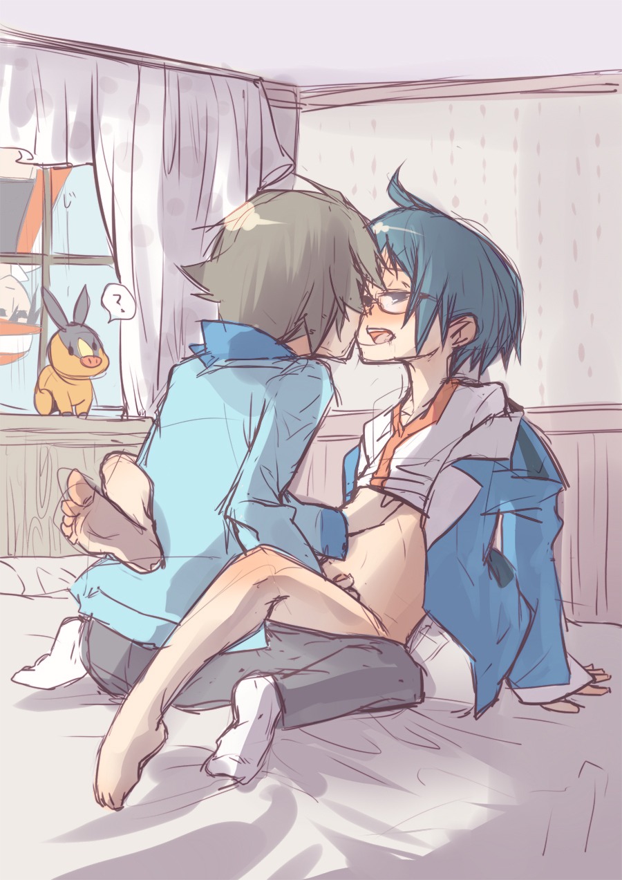 background blue_hair bottomless brown_hair cheren_(pokemon) cmnm color female gay glasses hat hilbert_(pokemon) human male male_only multiple_males open_clothes open_eyes open_mouth partially_clothed pokemon pokemon_bw red_(pokemon) rule34 short_hair socks tepig uncensored undressing yaoi