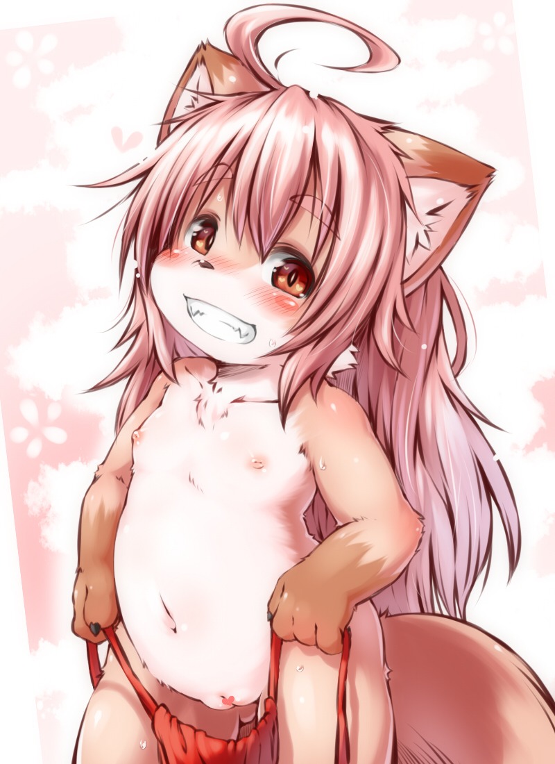 anthro belly blush canid canine censored clothing e621 female flat_chested fur genitals hair kemono koishi_chikasa mammal navel nipples slightly_chubby smile solo standing strawberry_(koishi_chikasa) teeth tuft underwear undressing vulva young young_anthro young_female