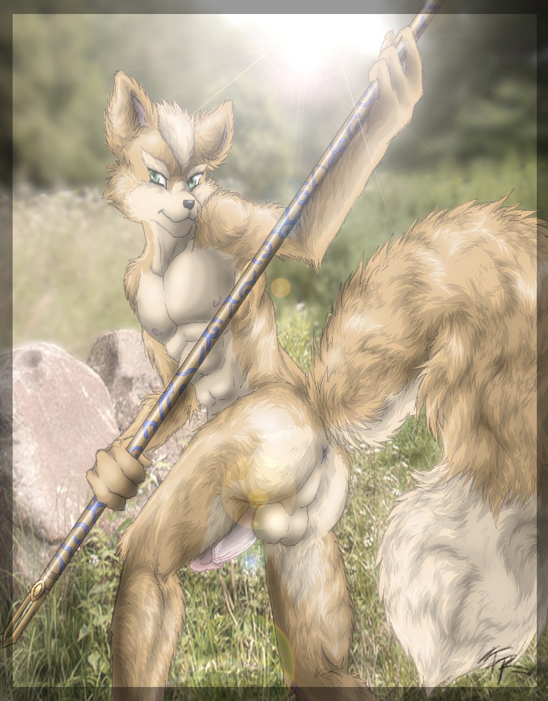 anthro ass balls closed_mouth color day fox fox_mccloud fur furry furry_ass furry_tail green_eyes holding krystal's_staff lens_flare looking_back male male_only nude open_eyes outdoors penis rule34 solo staff standing star_fox tagme tail testicles