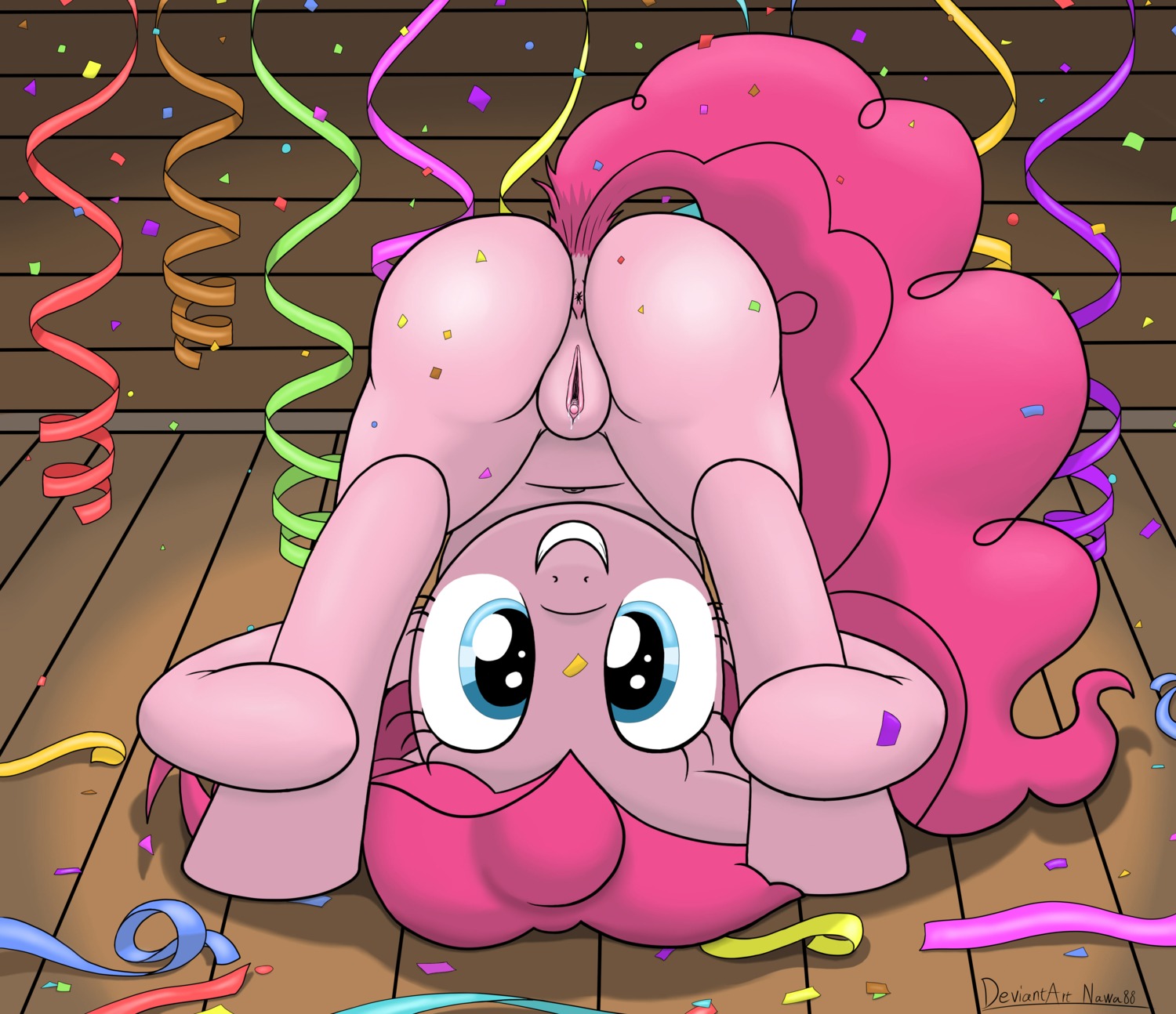 2012 absurd_res anus blue_eyes bodily_fluids butt confetti e621 earth_pony equid equine female feral friendship_is_magic genital_fluids genitals hair hasbro hi_res horse long_hair looking_at_viewer mammal my_little_pony nawa88 party pink_hair pinkie_pie_(mlp) pony presenting smile solo tail vaginal_fluids vulva
