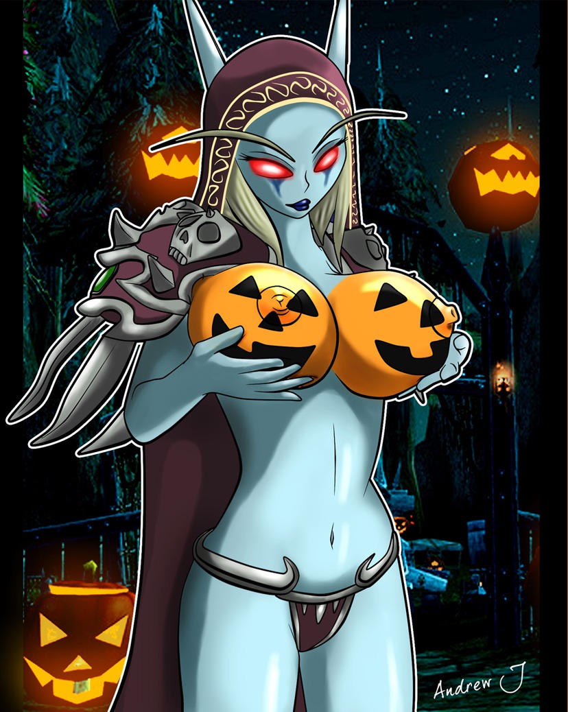 amourvorer big_breasts blizzard_entertainment blue_skin breast_grab breasts erect_nipples female female_only hallow's_end halloween large_breasts looking_at_breasts nipples painted_breasts red_eyes rule34 solo sylvanas_windrunner undead undead_(warcraft) warcraft world_of_warcraft