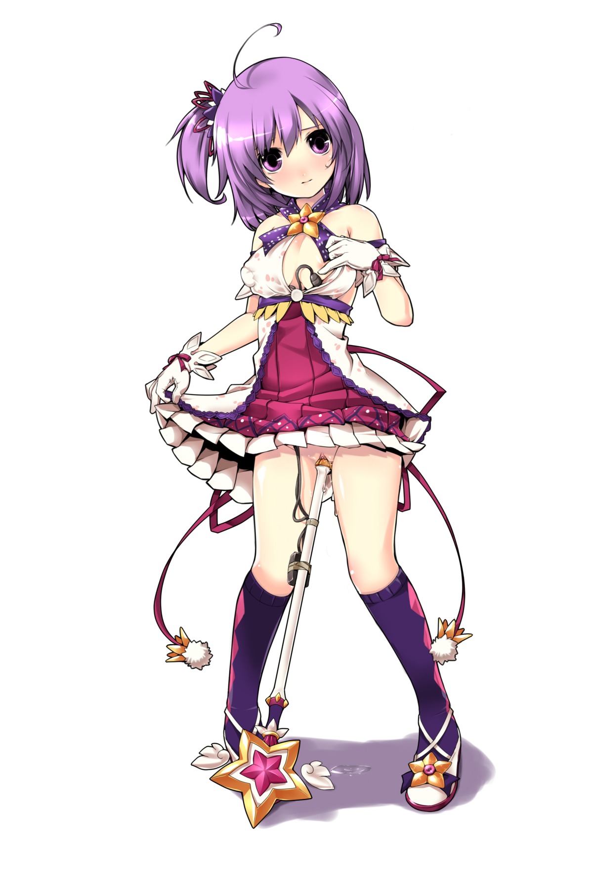 1girls ahoge aisha_(elsword) areola_slip areolae argyle argyle_legwear bare_shoulders battle_magician battle_magician_(elsword) blush breasts elsword female gloves high_resolution kneehighs looking_at_viewer no_panties one_breast_out pigeon-toed purple_eyes purple_hair purple_legwear pussy pussy_juice rule34 short_hair side_ponytail skirt solo standing star tama_(tamatamo) vibrator wand